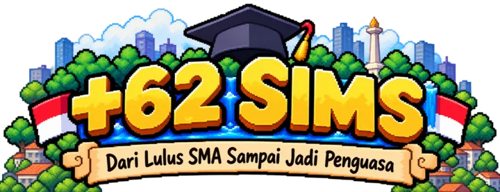 +62 Sims logo over a pixel-art city skyline