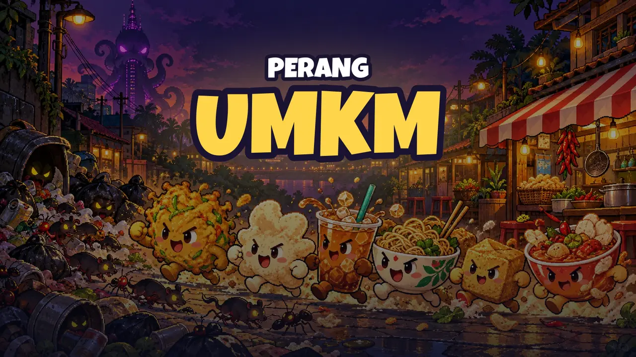Perang UMKM key art: an army of angry living dishes charging down a night street